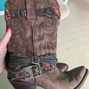 Durango Brown Western Ankle Boots with Turquoise Stitching and Floral Strap